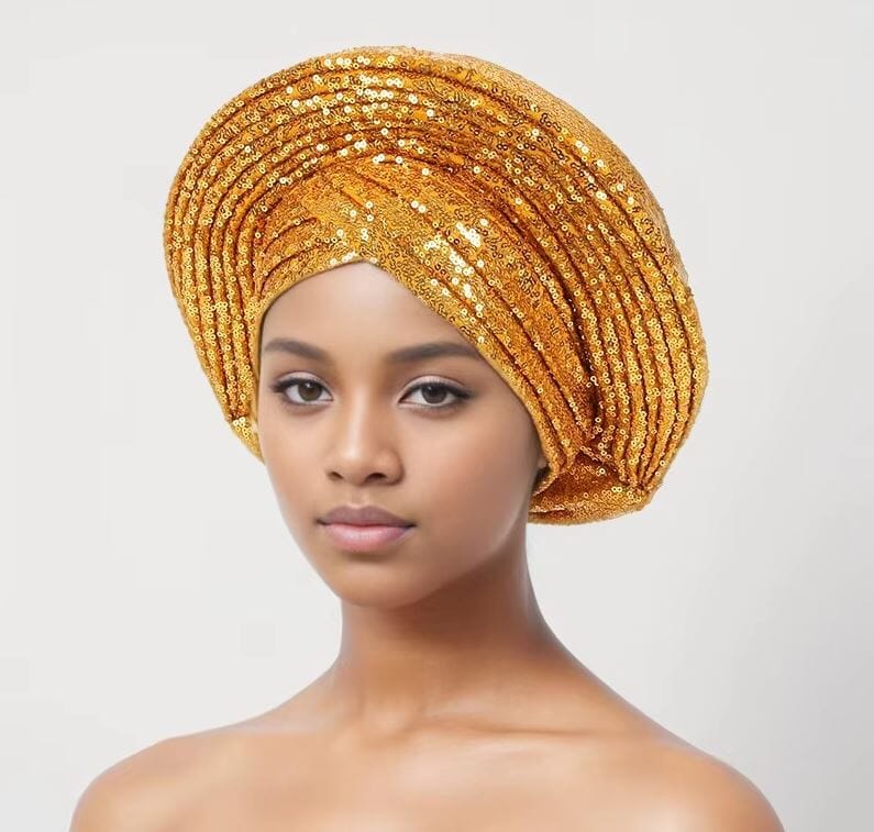 Women African Turban Sequin Nigeria Headwear Hat jehouze Gold 