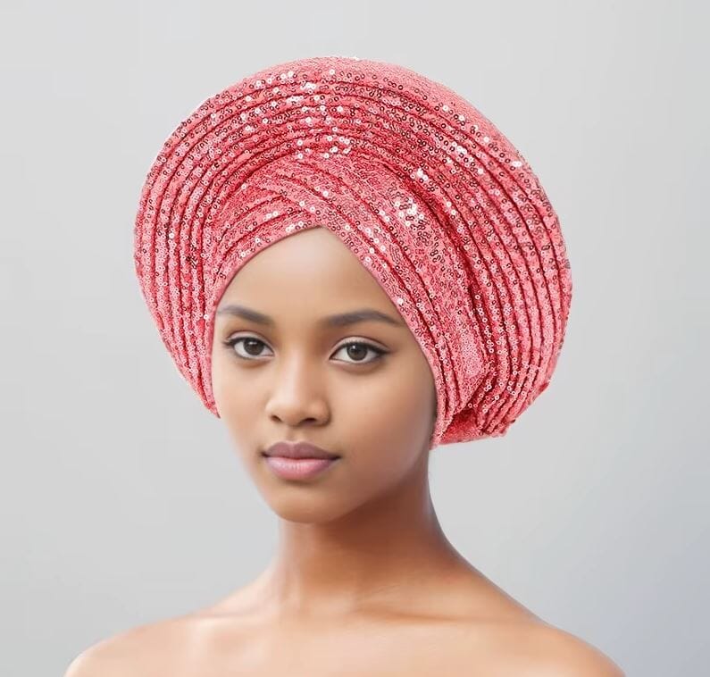 Women African Turban Sequin Nigeria Headwear Hat jehouze Pink 