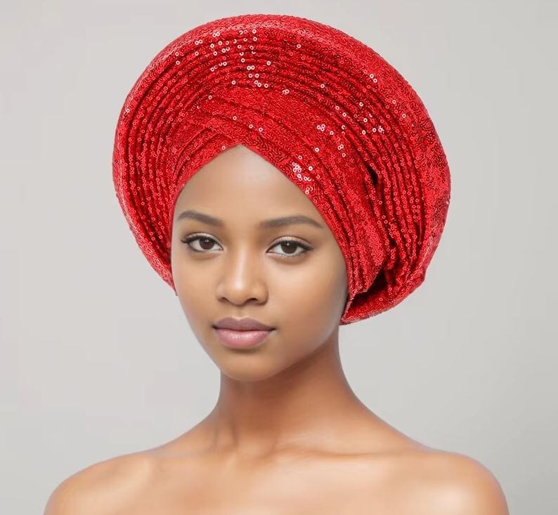 Women African Turban Sequin Nigeria Headwear Hat jehouze Red 