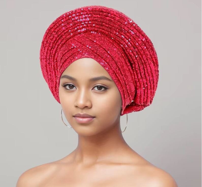 Women African Turban Sequin Nigeria Headwear Hat jehouze Rose Red 