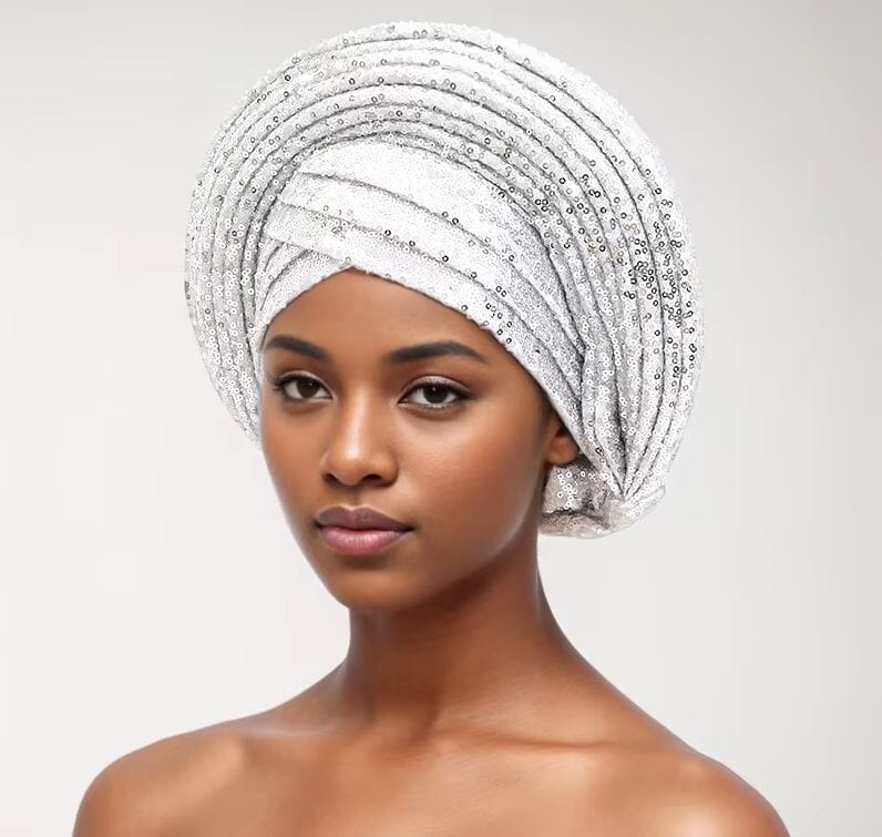 Women African Turban Sequin Nigeria Headwear Hat jehouze Silver 