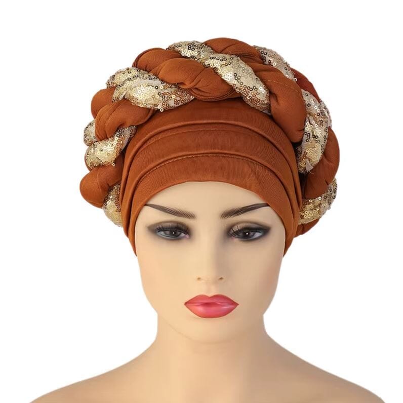 Women African Turban Sequins Scarf Beanie Cap Headwear Hat jehouze Brown 