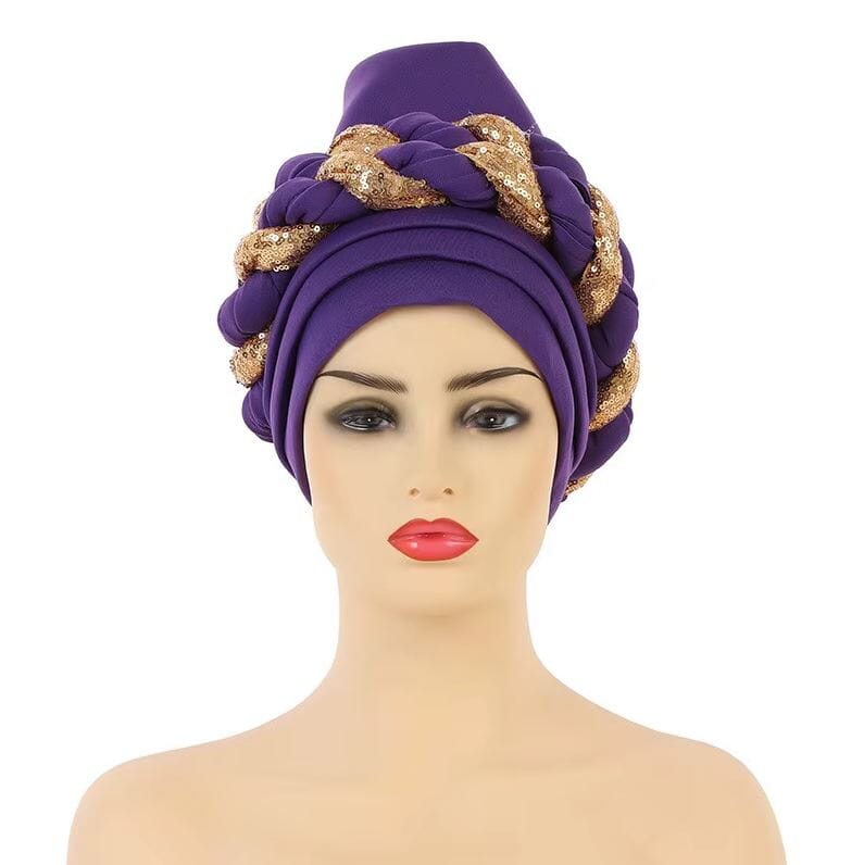 Women African Turban Sequins Scarf Beanie Cap Headwear Hat jehouze Purple 