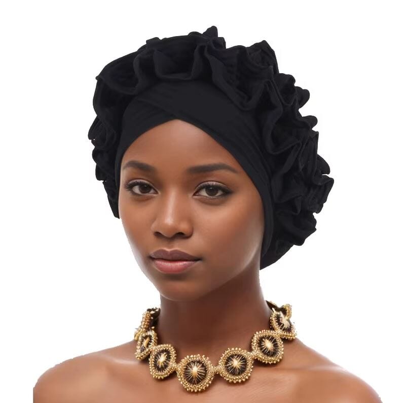 Women African Turban Soft Pretied Ruffles Headwear Hat jehouze Black 
