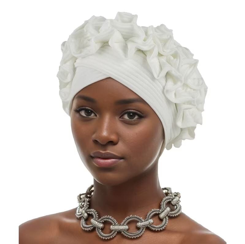 Women African Turban Soft Pretied Ruffles Headwear Hat jehouze White 
