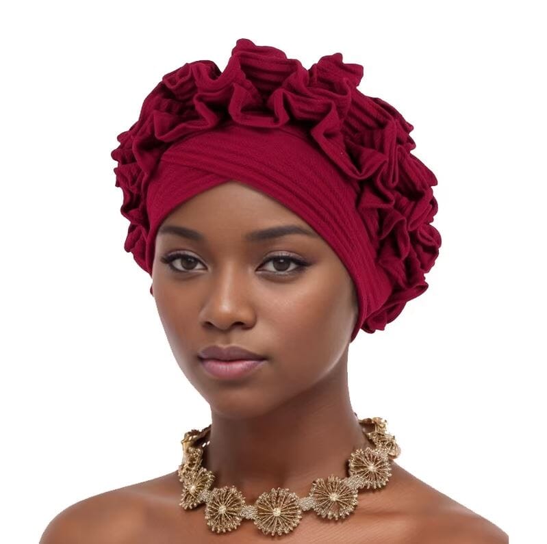 Women African Turban Soft Pretied Ruffles Headwear Hat jehouze Wine Red 