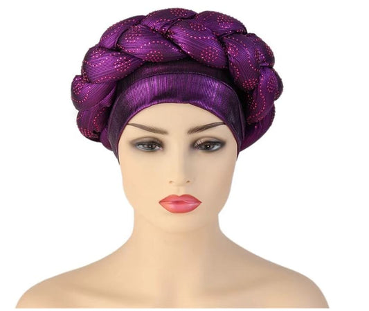 Women African Turban Twisted Rhinestone Headwear Hat jehouze Purple 