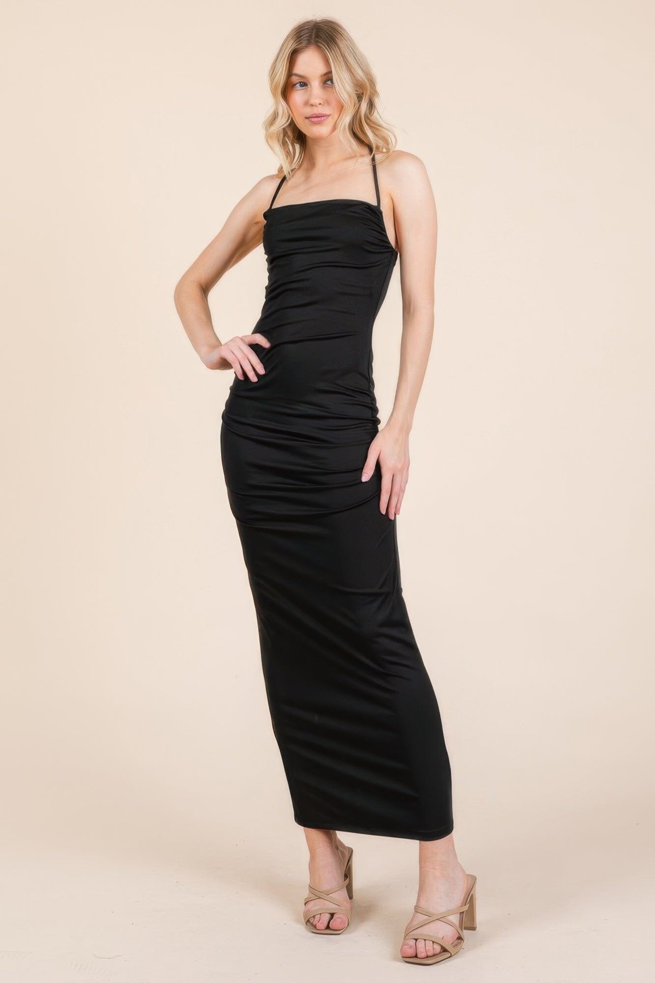 Women Asymmetry Ruched Double Layered Maxi Dress Dresses jehouze Black S 