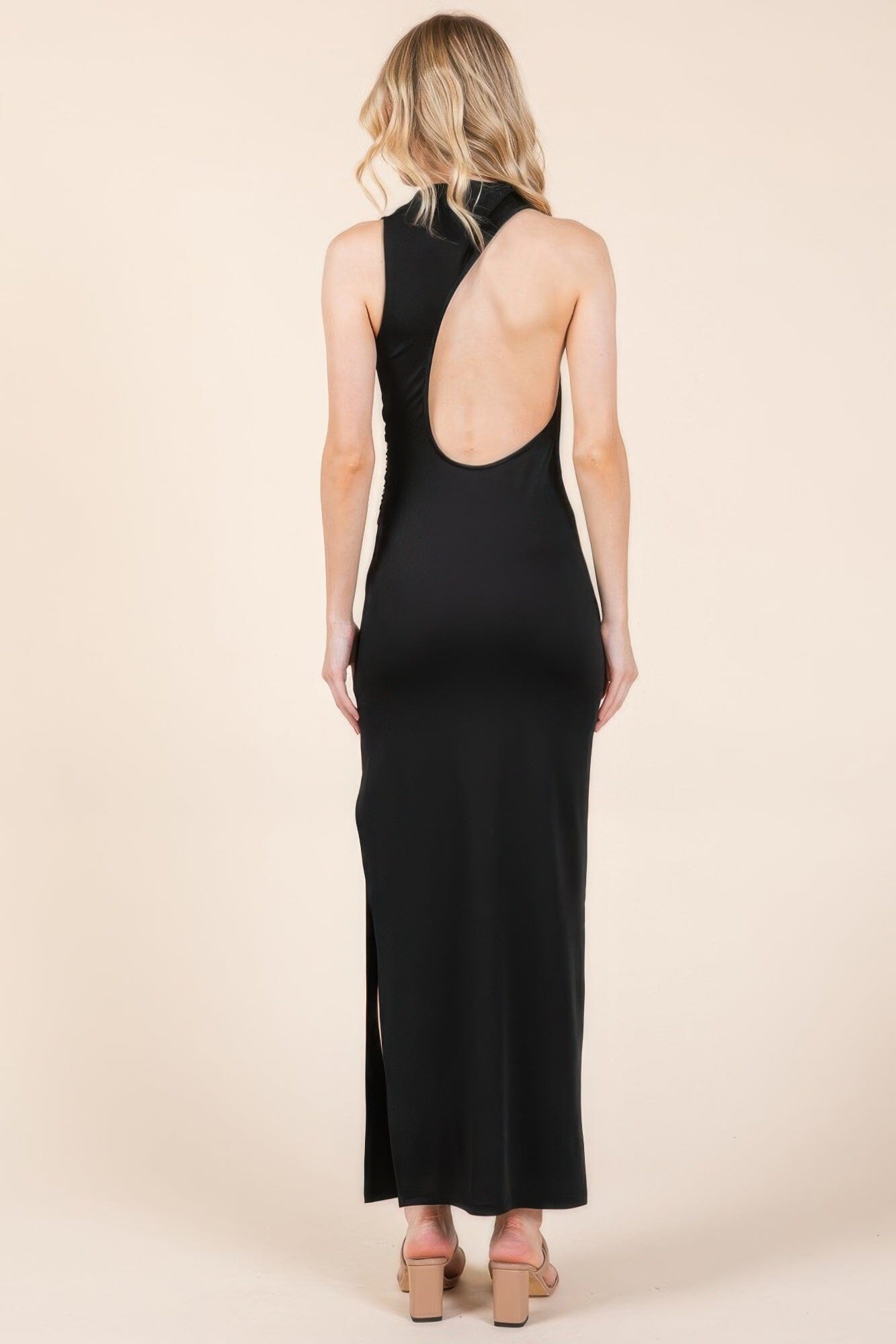 Women Back Cut Out Side Shirring Side Slit Maxi Dress Dresses jehouze 