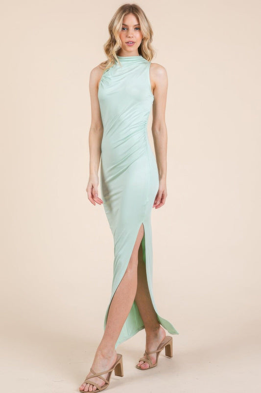 Women Back Cut Out Side Shirring Side Slit Maxi Dress Dresses jehouze 