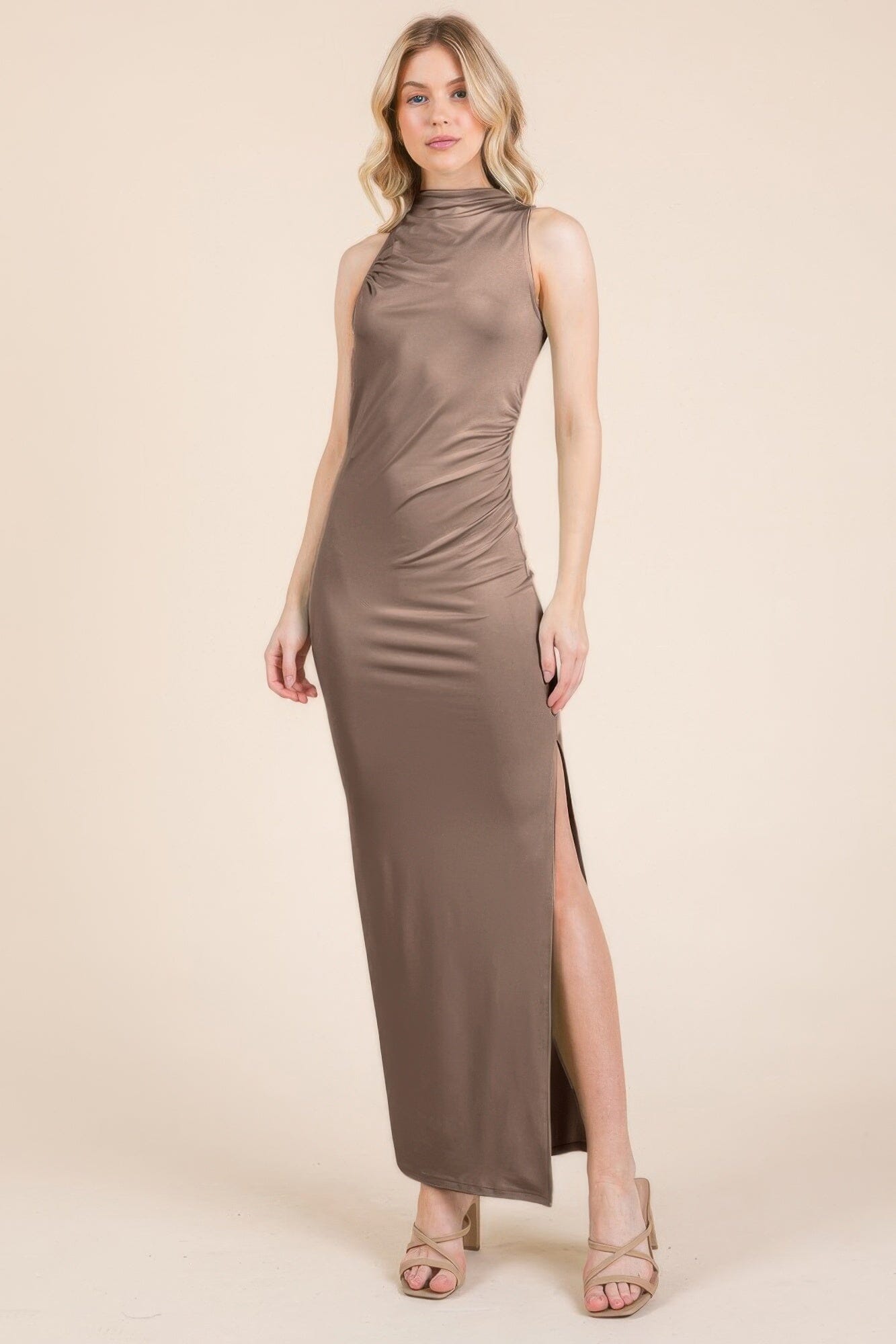 Women Back Cut Out Side Shirring Side Slit Maxi Dress Dresses jehouze New Taupe S 
