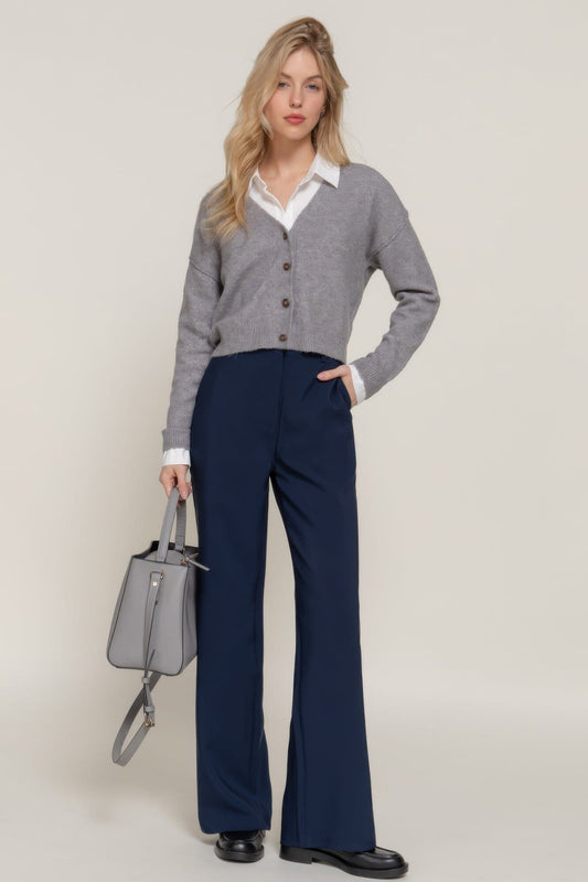 Women Back elastic straight woven long pants Pants jehouze Navy S 