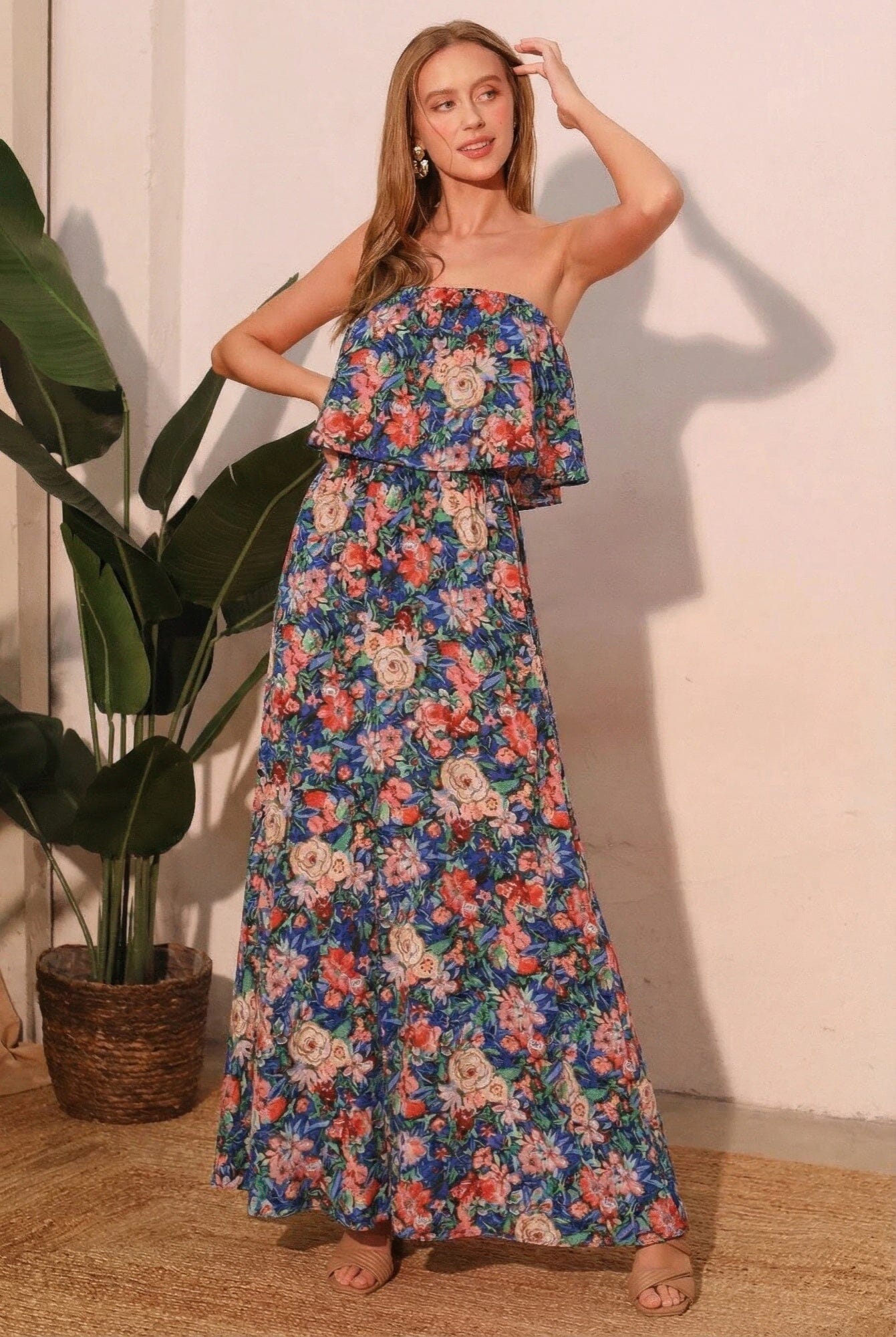 Women Bloom Party Strapless Maxi Dress Dresses jehouze Blue S 