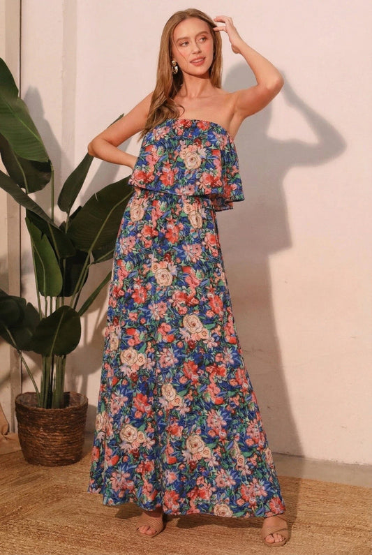 Women Bloom Party Strapless Maxi Dress Dresses jehouze Blue S 
