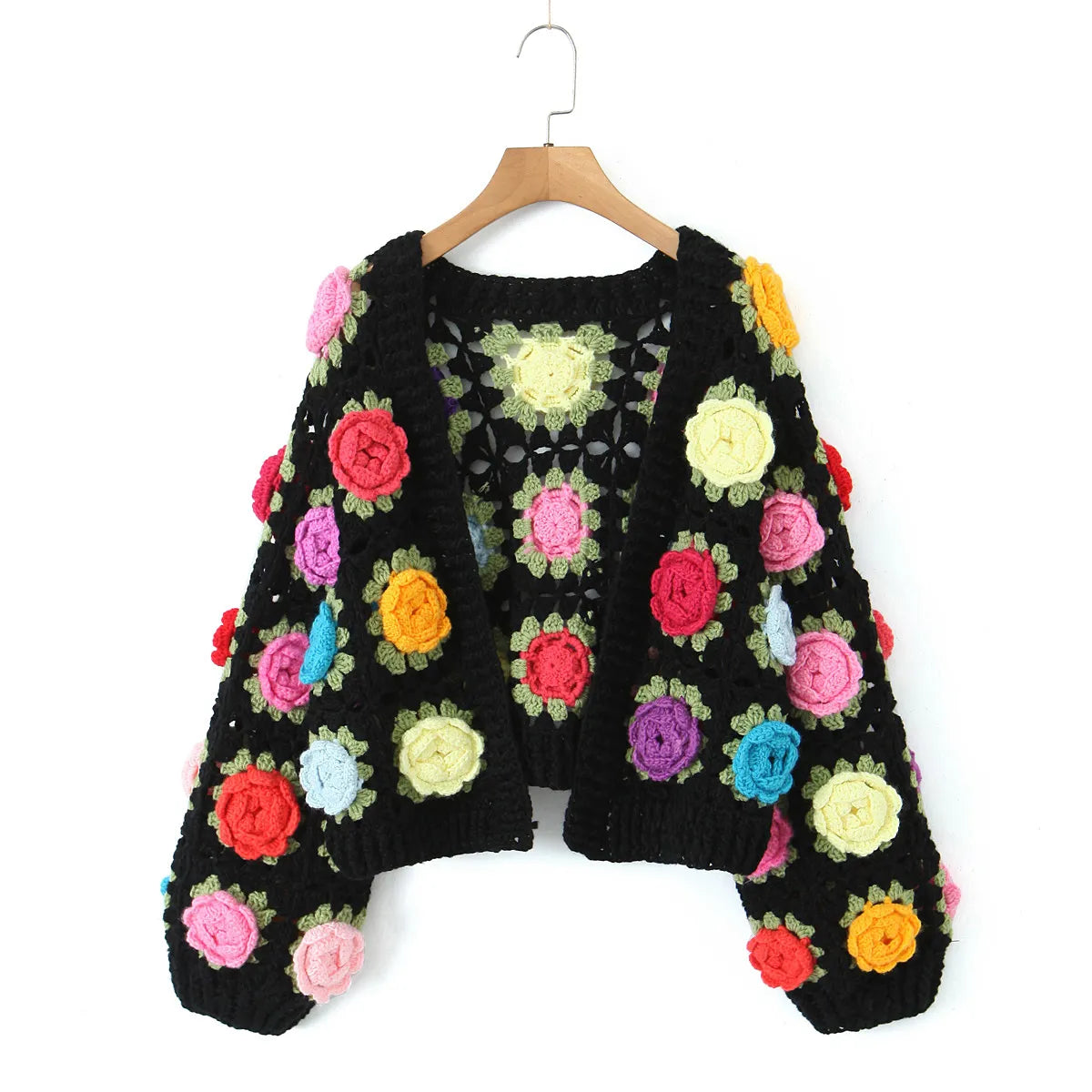 Women Bohemia Colored 3D Flower Ball Hand Crochet Long Lantern Sleeve Open Stitching Knitwear Crop Cardigan Coats & Jackets jehouze ONE SIZE Black 
