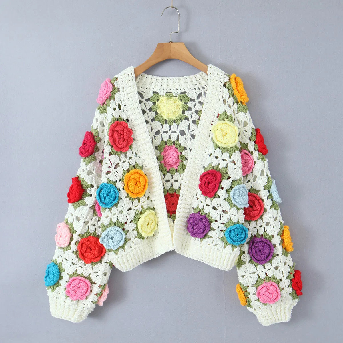 Women Bohemia Colored 3D Flower Ball Hand Crochet Long Lantern Sleeve Open Stitching Knitwear Crop Cardigan Coats & Jackets jehouze ONE SIZE White 
