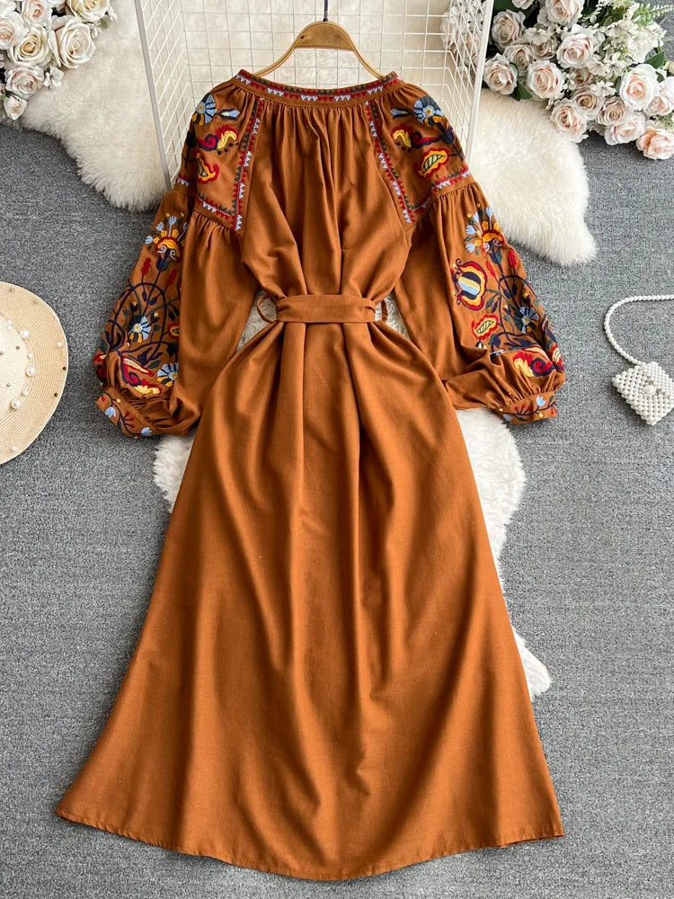 Women Bohemian Embroidered Floral Lantern Sleeve Long Dress with belt Dresses jehouze 