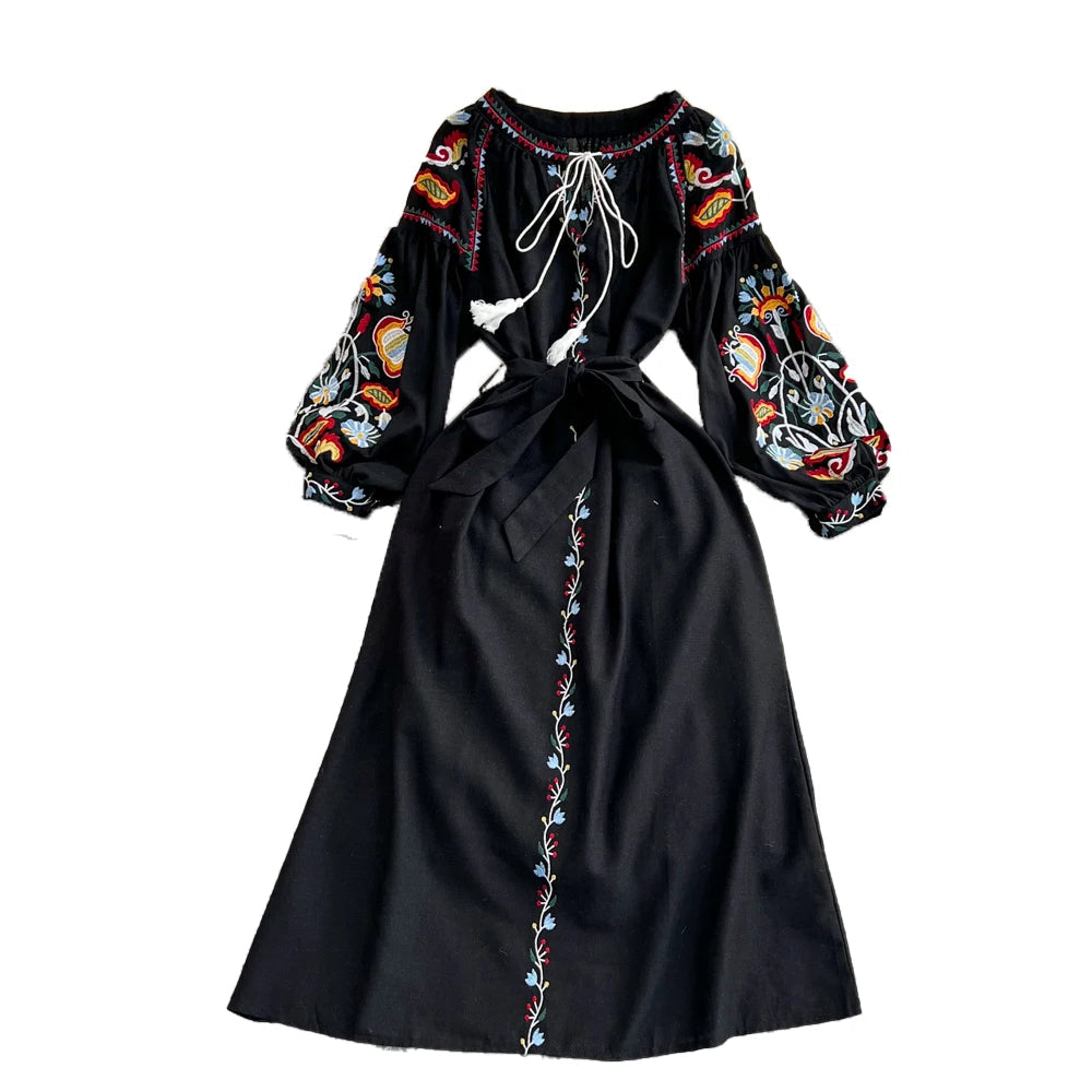 Women Bohemian Embroidered Floral Lantern Sleeve Long Dress with belt Dresses jehouze 