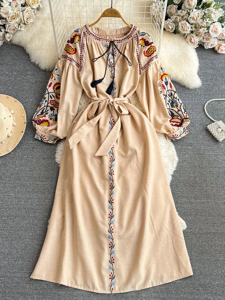 Women Bohemian Embroidered Floral Lantern Sleeve Long Dress with belt Dresses jehouze Apricot 