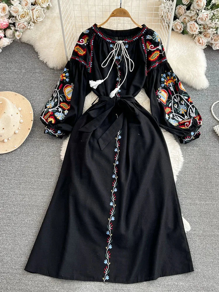 Women Bohemian Embroidered Floral Lantern Sleeve Long Dress with belt Dresses jehouze Black 