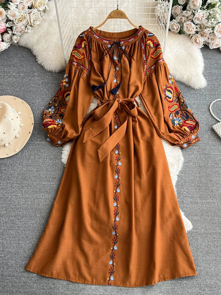 Women Bohemian Embroidered Floral Lantern Sleeve Long Dress with belt Dresses jehouze Dark Brown 