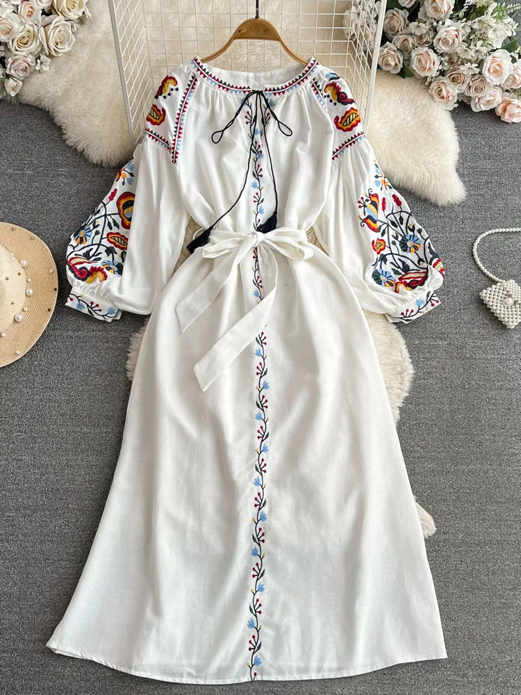 Women Bohemian Embroidered Floral Lantern Sleeve Long Dress with belt Dresses jehouze White 