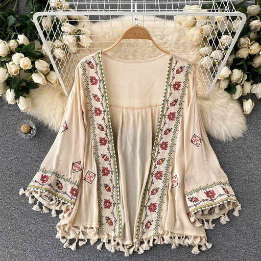 Women Bohemian Embroidered Tassel Open Front Cardigan Swimsuit Cover Up Outerwear jehouze 
