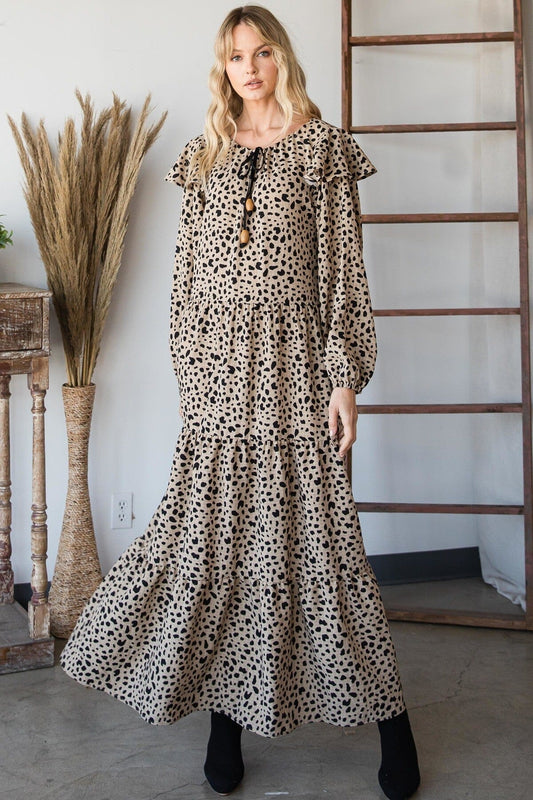 Women Bohemian Floral Long Sleeve Maxi Dress Dresses jehouze Dark Mocha S 