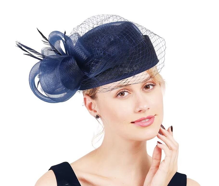 Women Bridal Wedding Hats Fascinator Church Cocktail Feather Veil Headdress Derby Cap Hat jehouze Navy Blue 