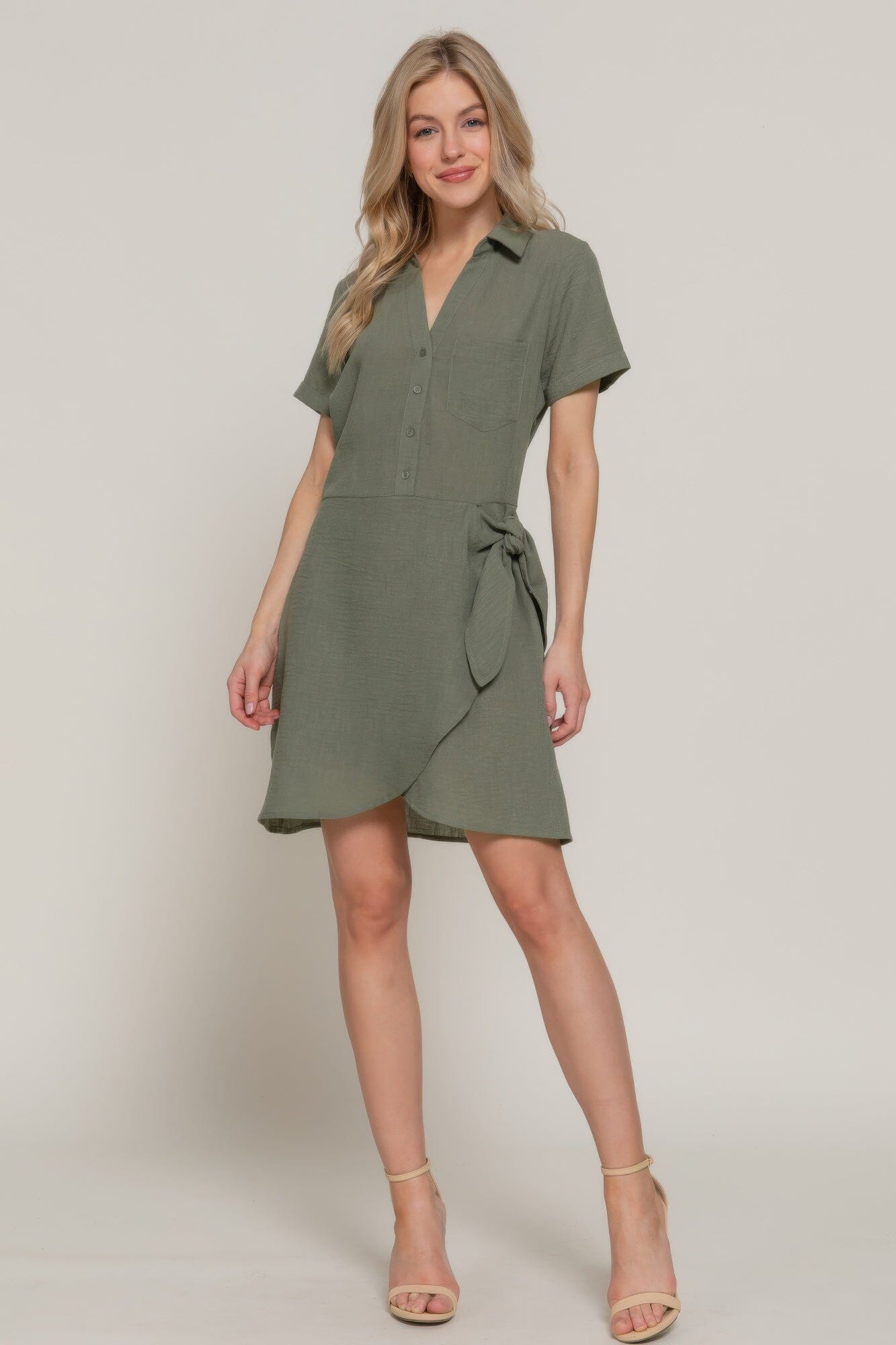 Women Button Down Side Bow Linen Effect Mini Dress Dresses jehouze 