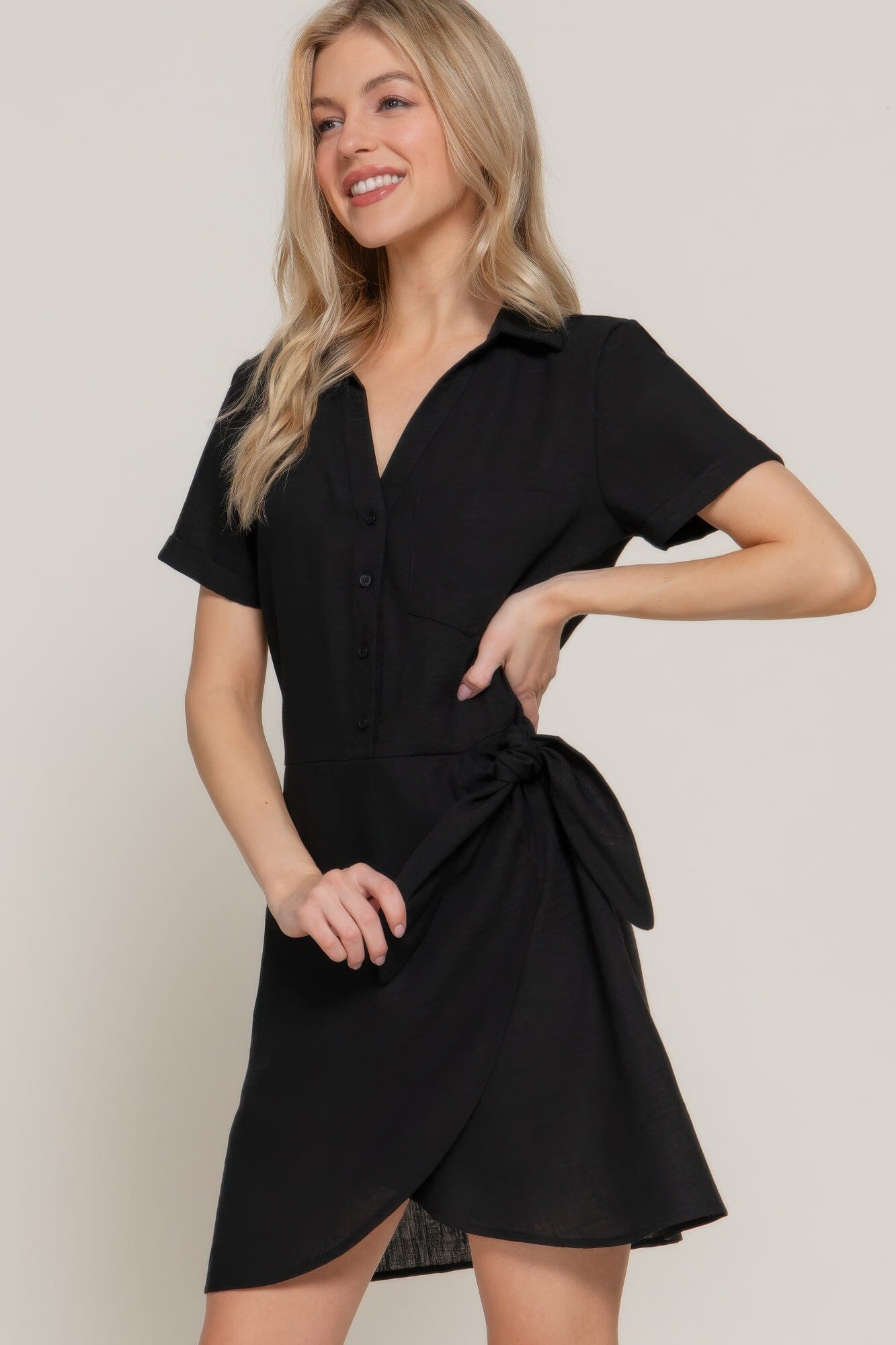 Women Button Down Side Bow Linen Effect Mini Dress Dresses jehouze 