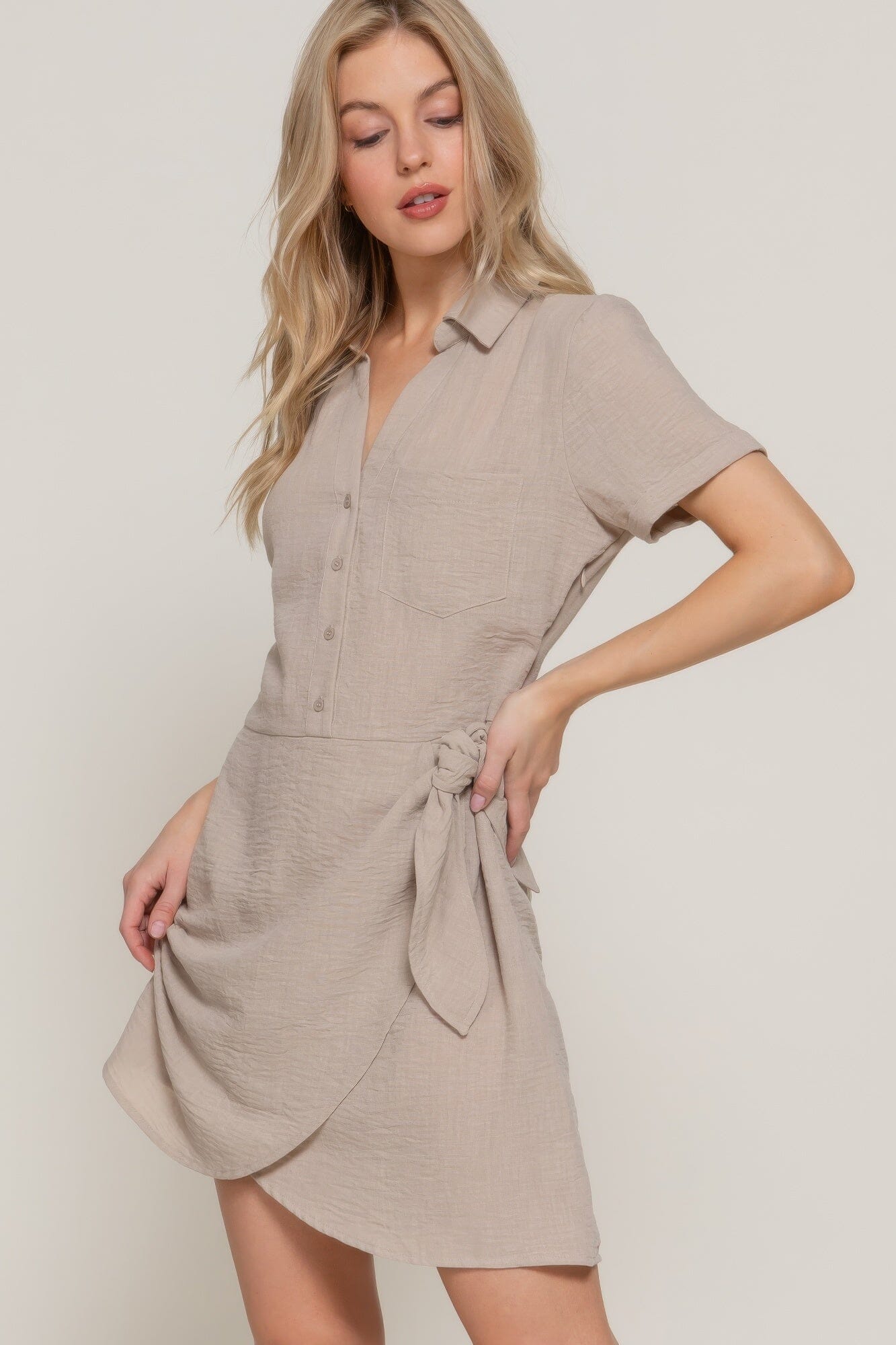Women Button Down Side Bow Linen Effect Mini Dress Dresses jehouze 