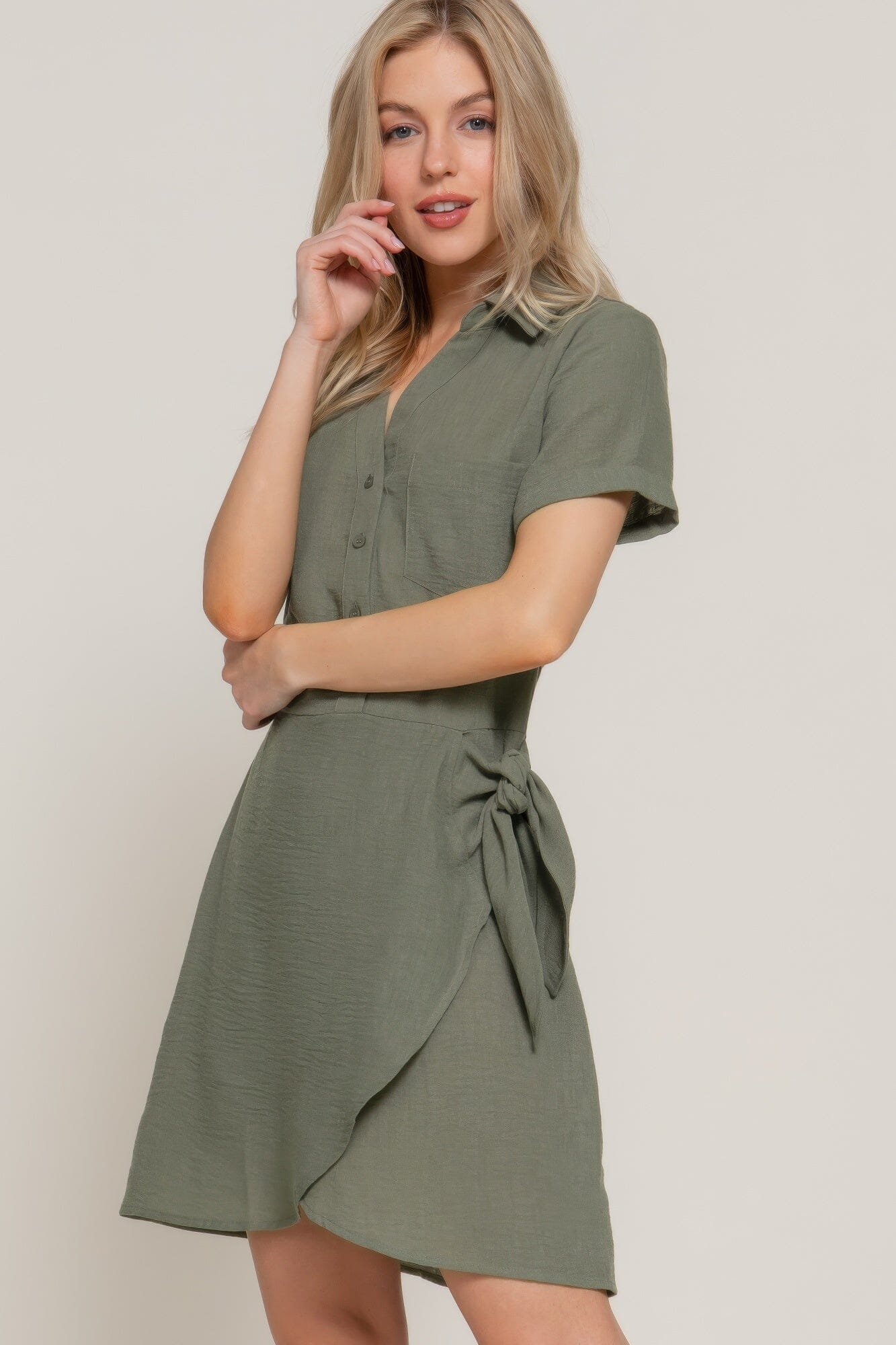 Women Button Down Side Bow Linen Effect Mini Dress Dresses jehouze 
