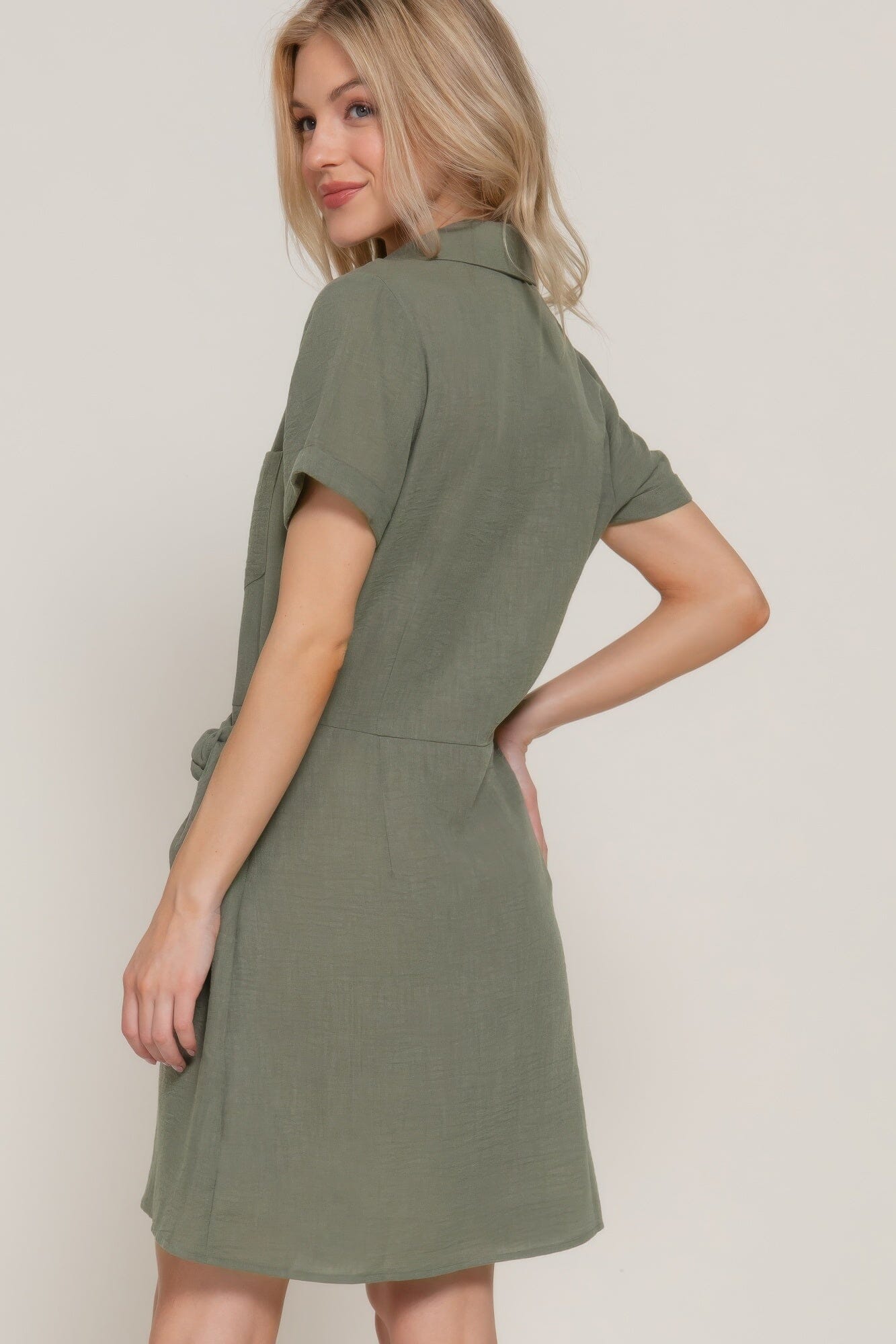 Women Button Down Side Bow Linen Effect Mini Dress Dresses jehouze 