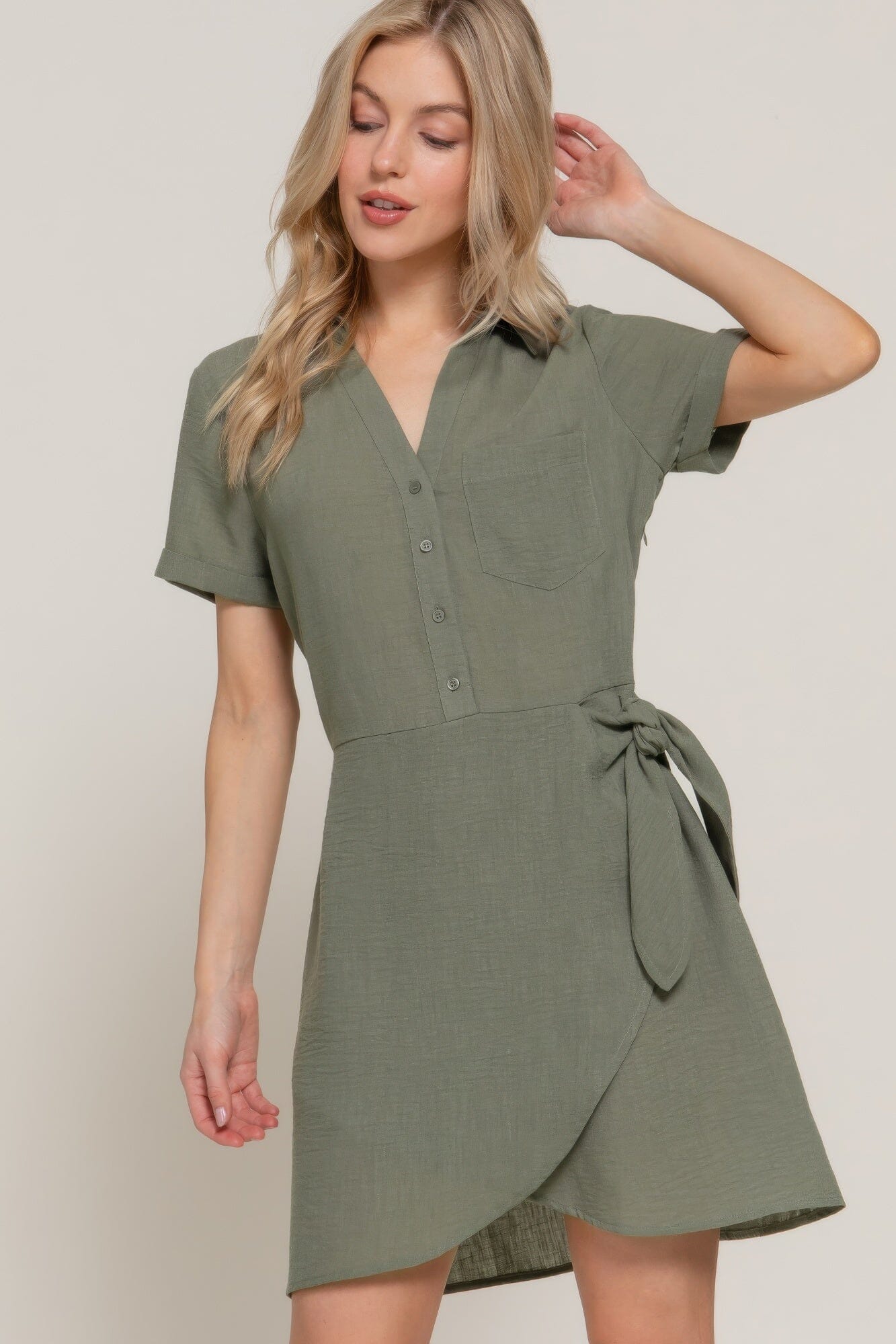 Women Button Down Side Bow Linen Effect Mini Dress Dresses jehouze 