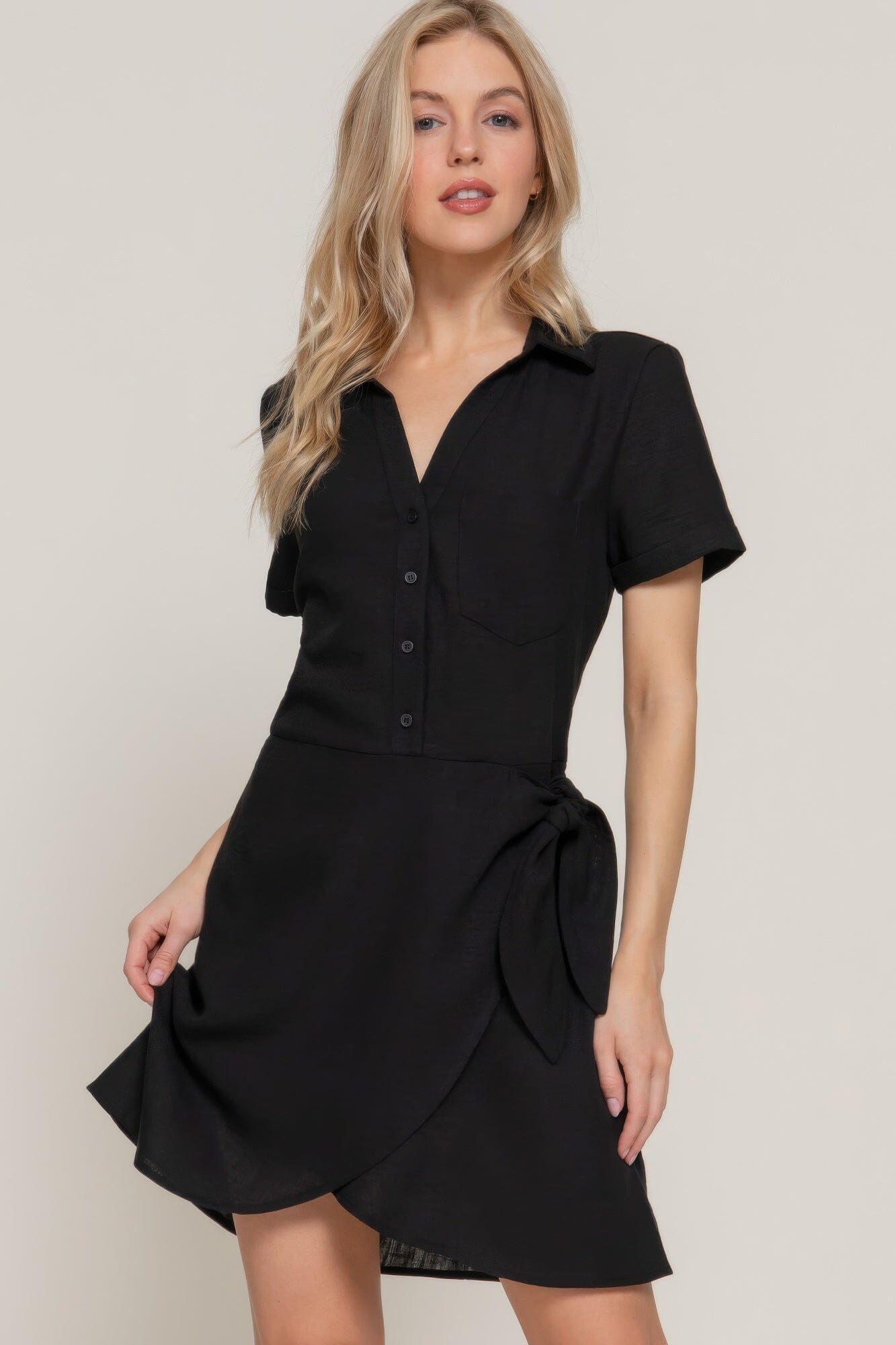 Women Button Down Side Bow Linen Effect Mini Dress Dresses jehouze 