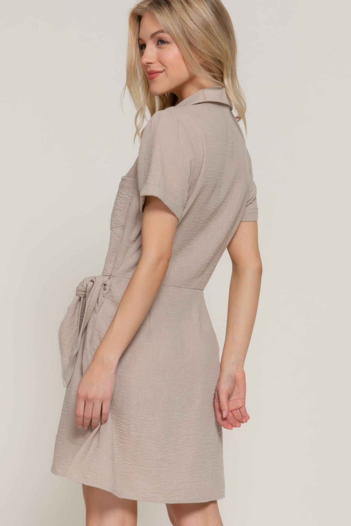Women Button Down Side Bow Linen Effect Mini Dress Dresses jehouze 