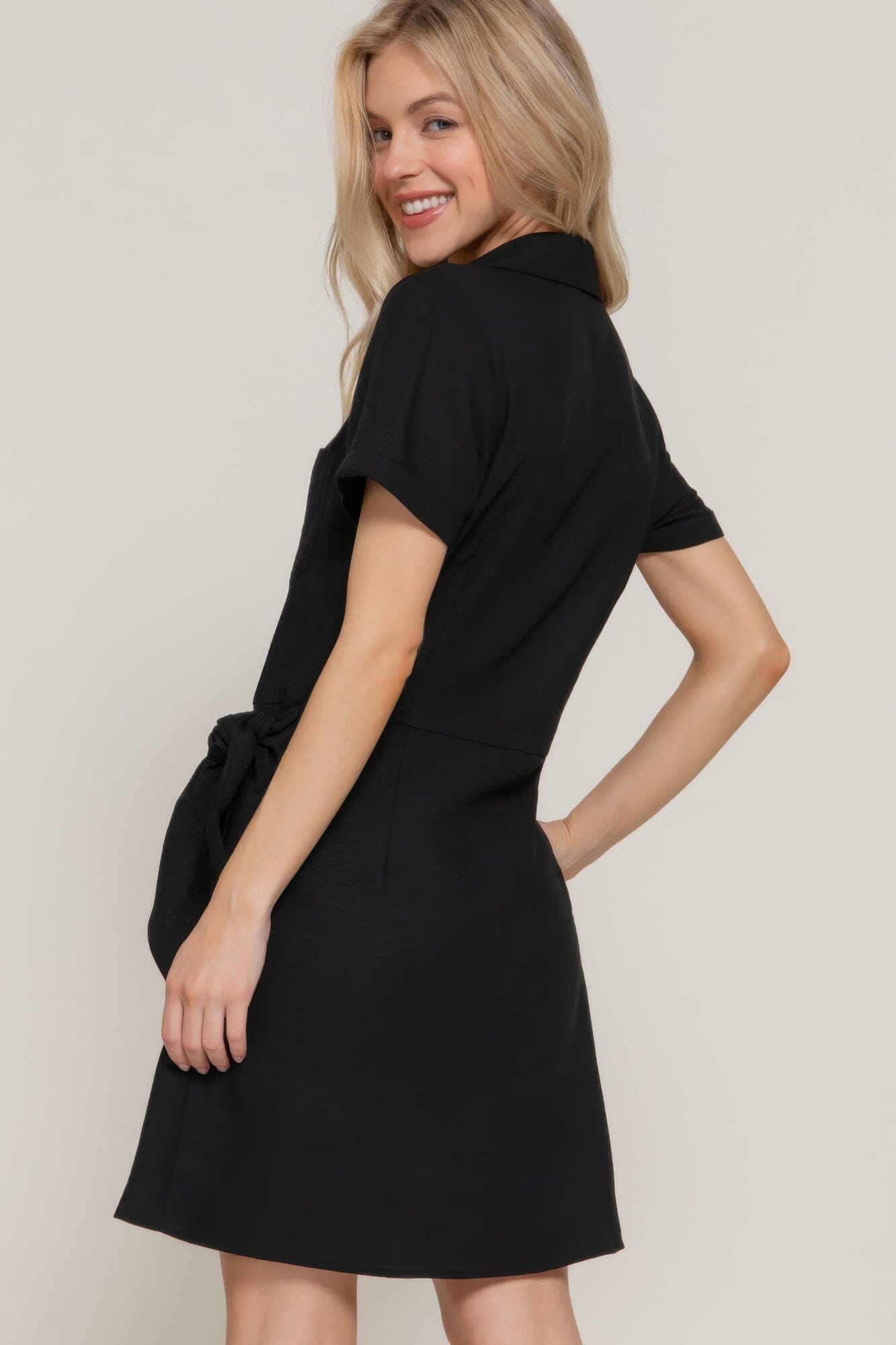 Women Button Down Side Bow Linen Effect Mini Dress Dresses jehouze 