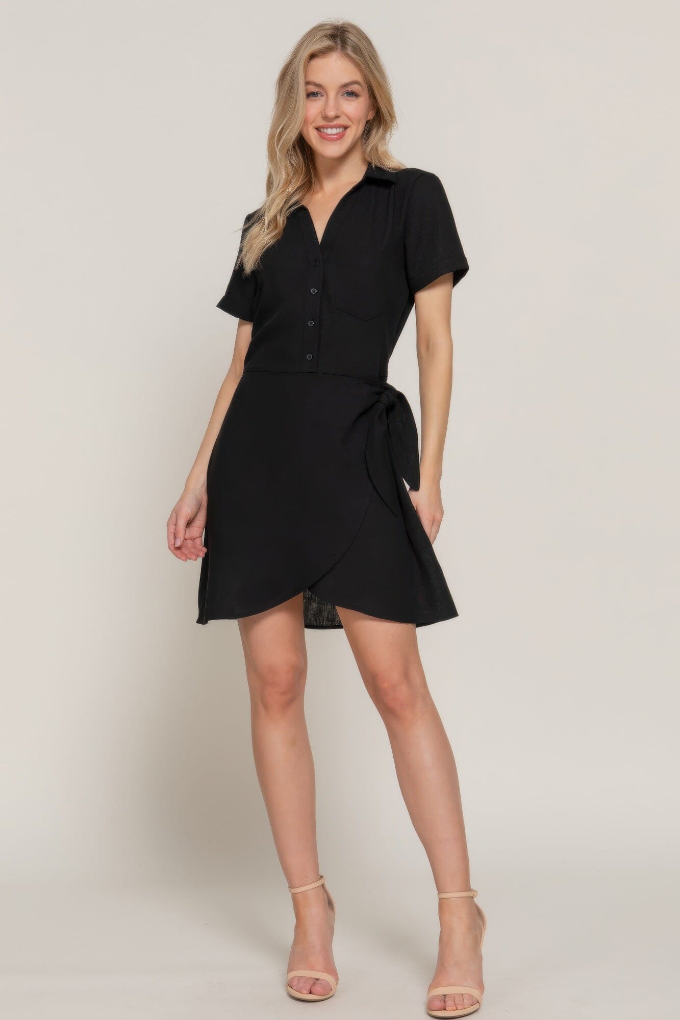 Women Button Down Side Bow Linen Effect Mini Dress Dresses jehouze Black S 