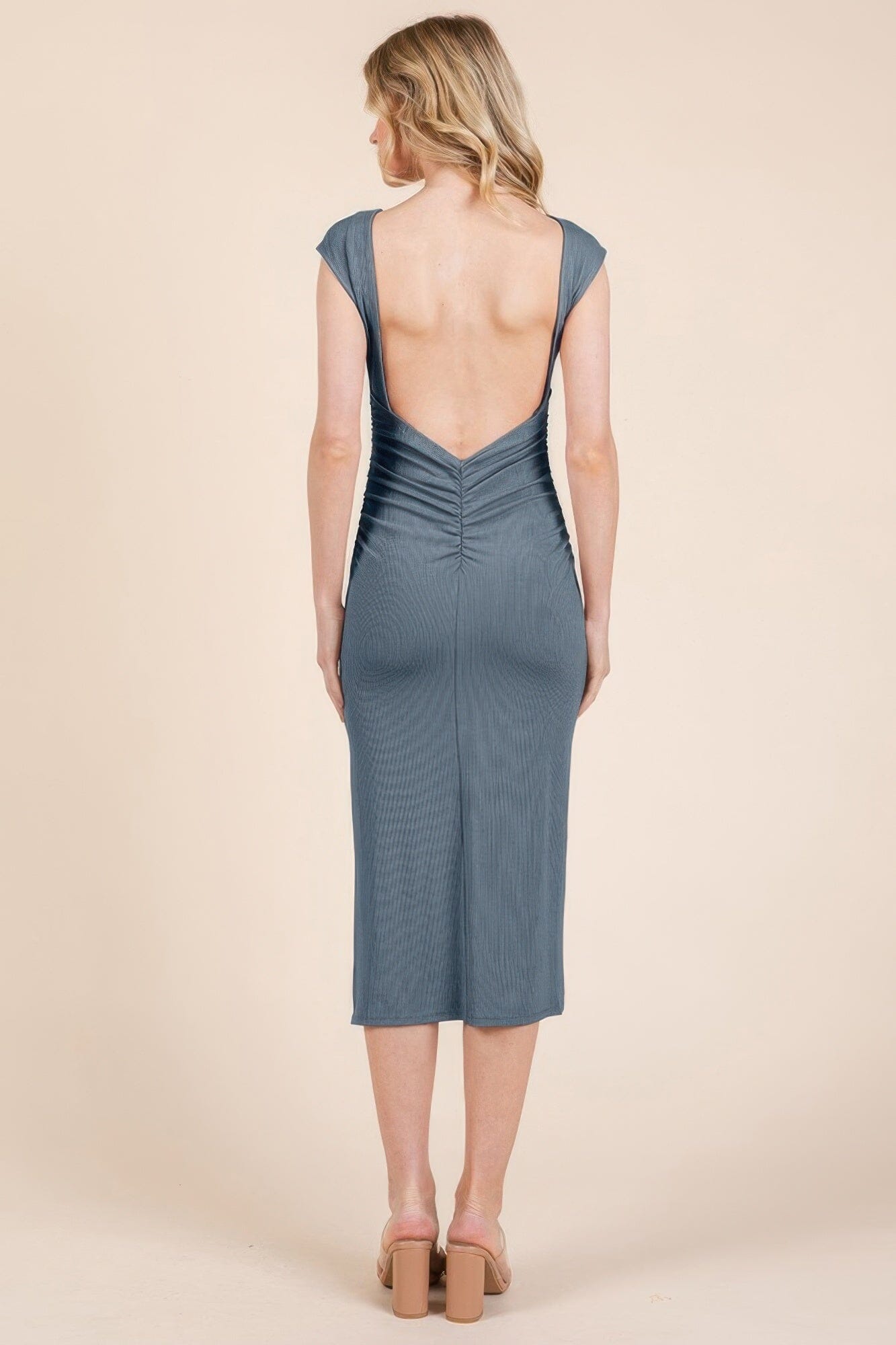 Women Cap Sleeve Boatneck Open Back Midi Dress Dresses jehouze 