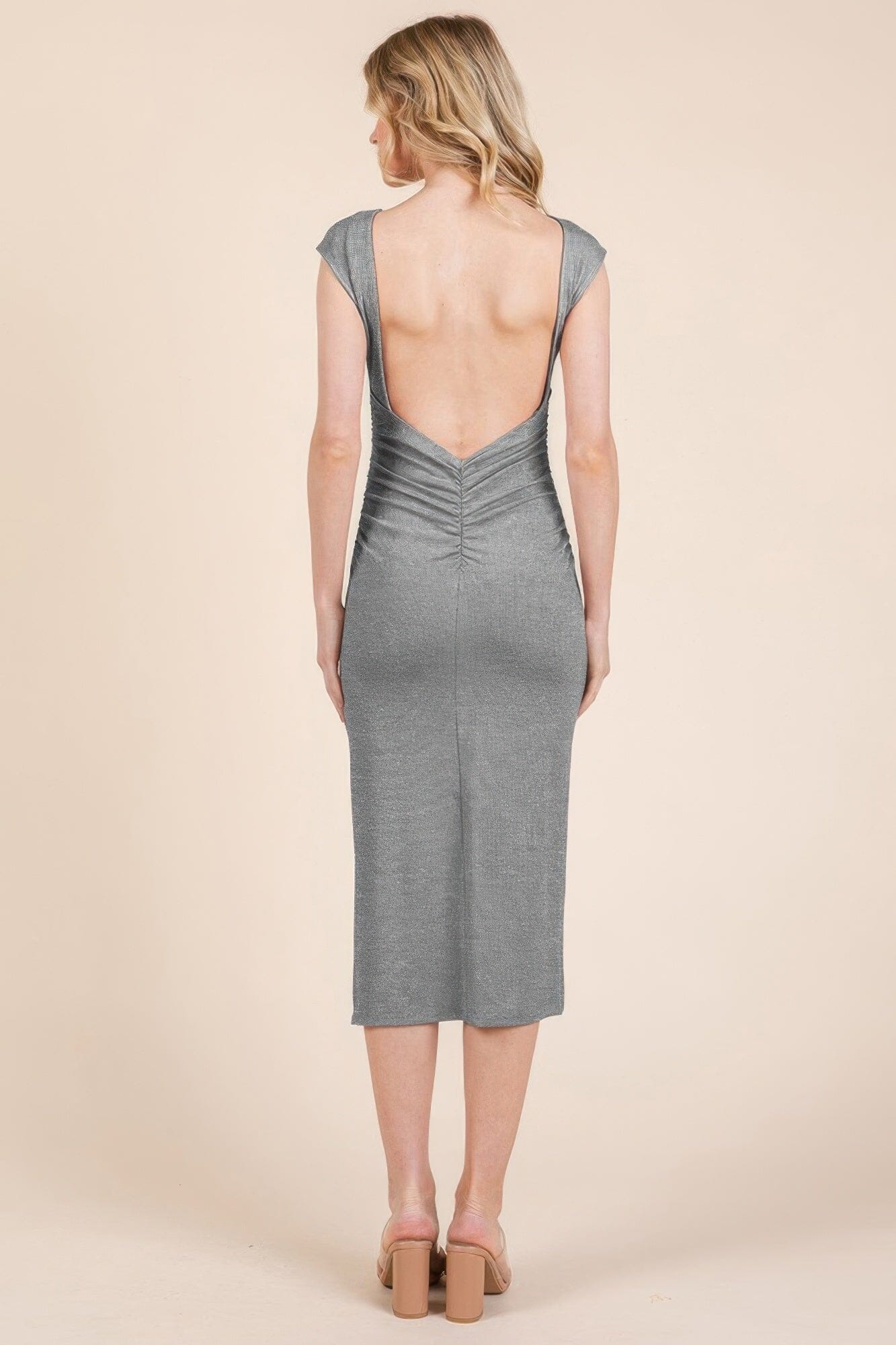 Women Cap Sleeve Boatneck Open Back Midi Dress Dresses jehouze 