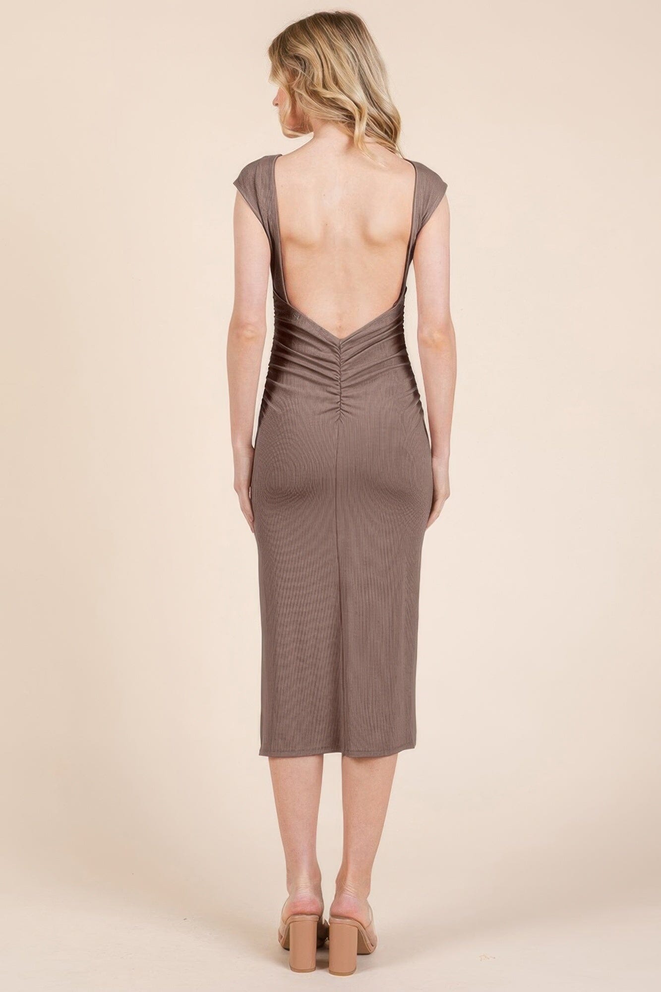 Women Cap Sleeve Boatneck Open Back Midi Dress Dresses jehouze 