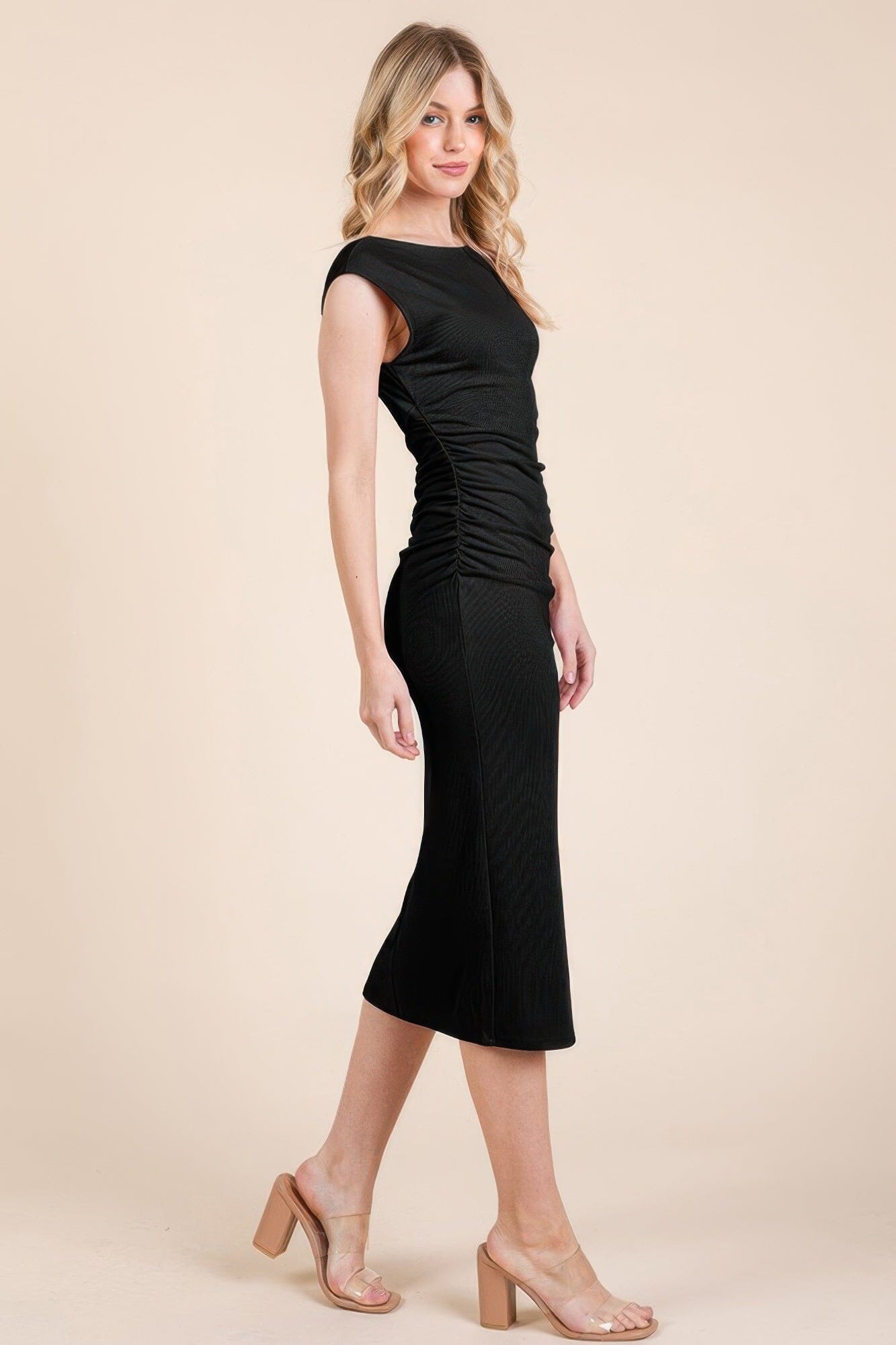 Women Cap Sleeve Boatneck Open Back Midi Dress Dresses jehouze 