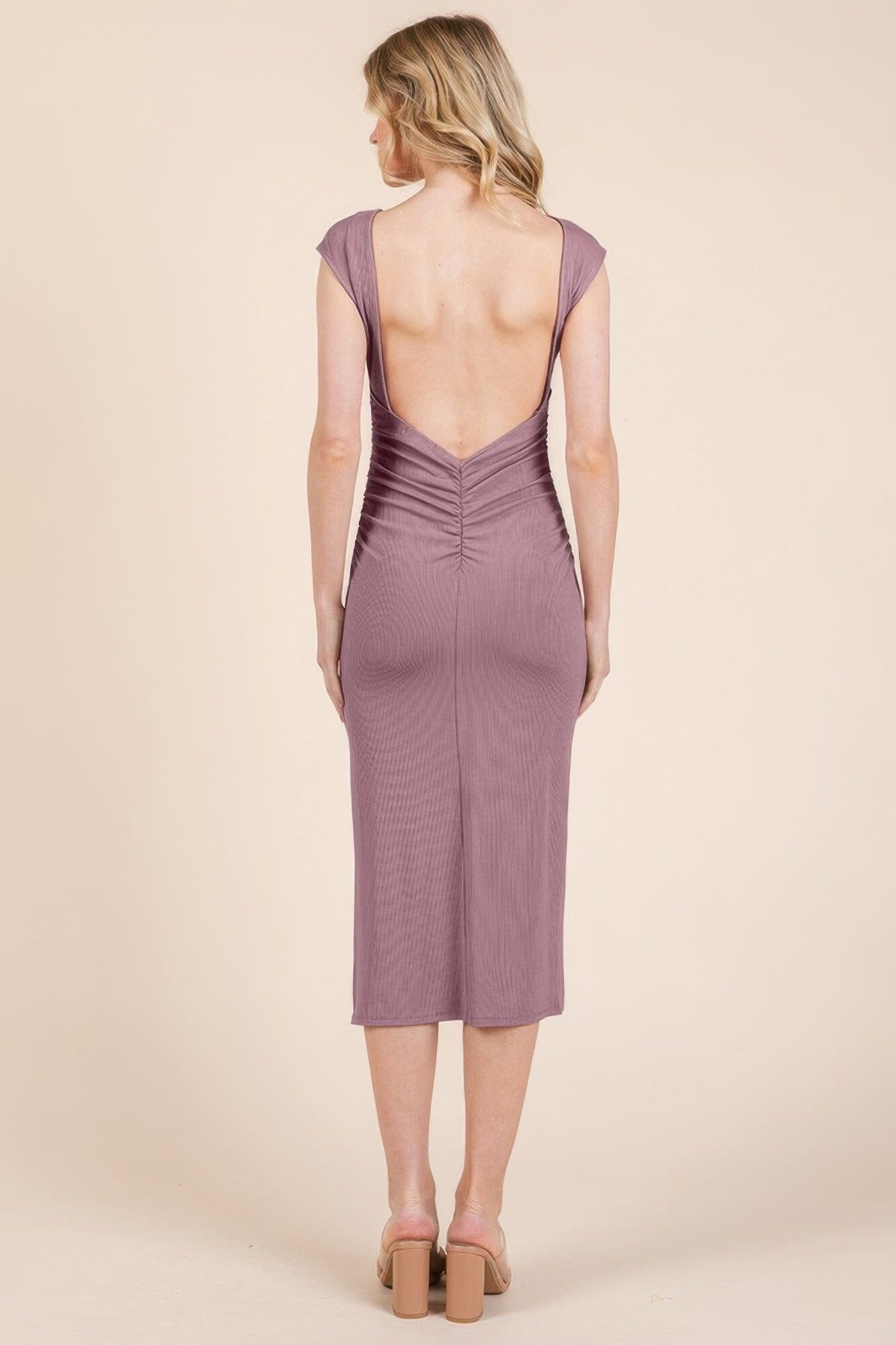 Women Cap Sleeve Boatneck Open Back Midi Dress Dresses jehouze 