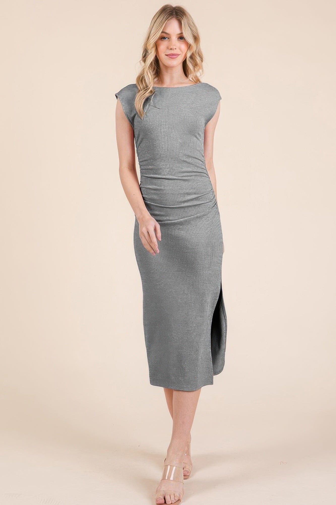 Women Cap Sleeve Boatneck Open Back Midi Dress Dresses jehouze Heather Grey S 