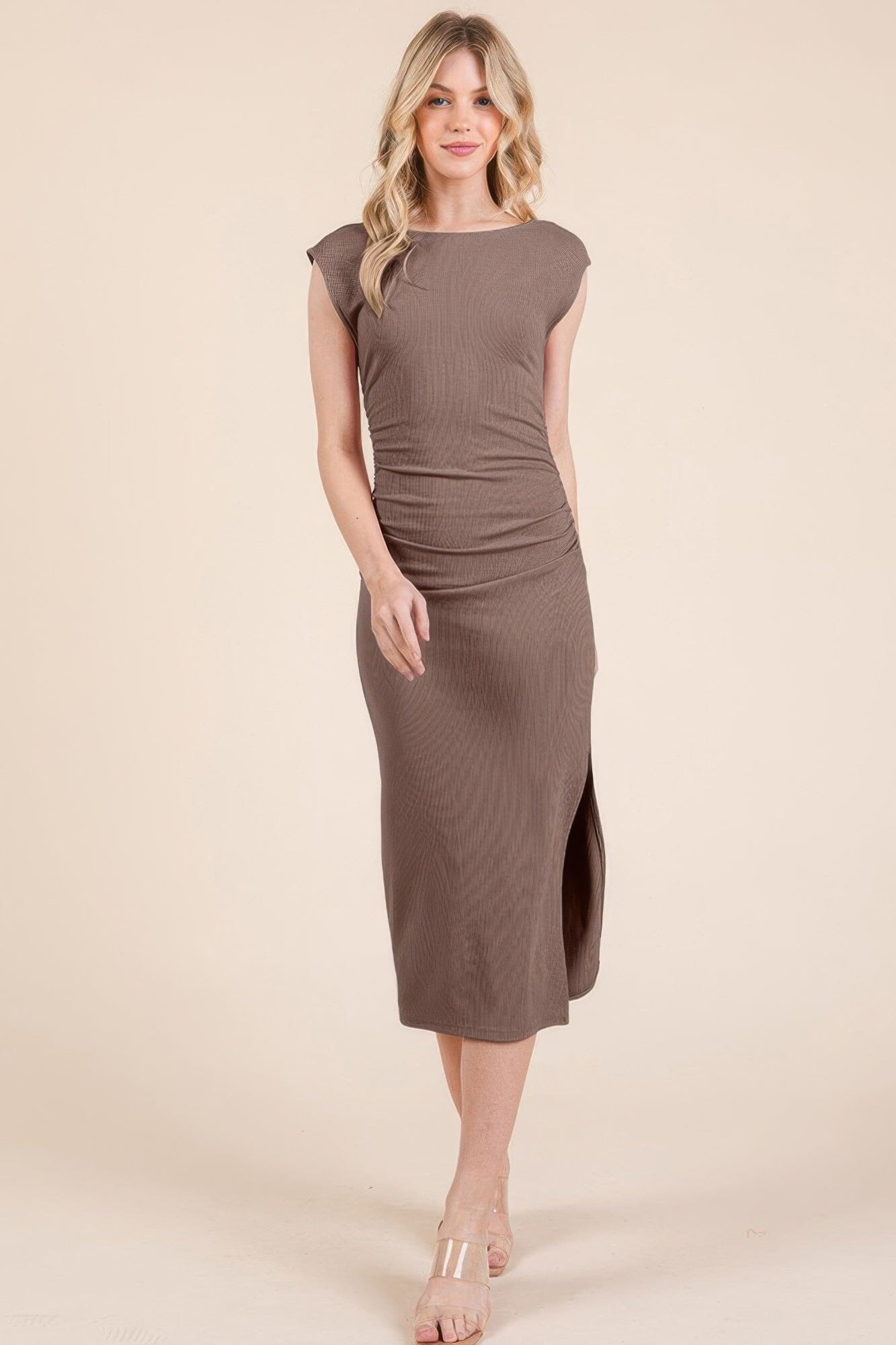Women Cap Sleeve Boatneck Open Back Midi Dress Dresses jehouze Light Chocolate S 
