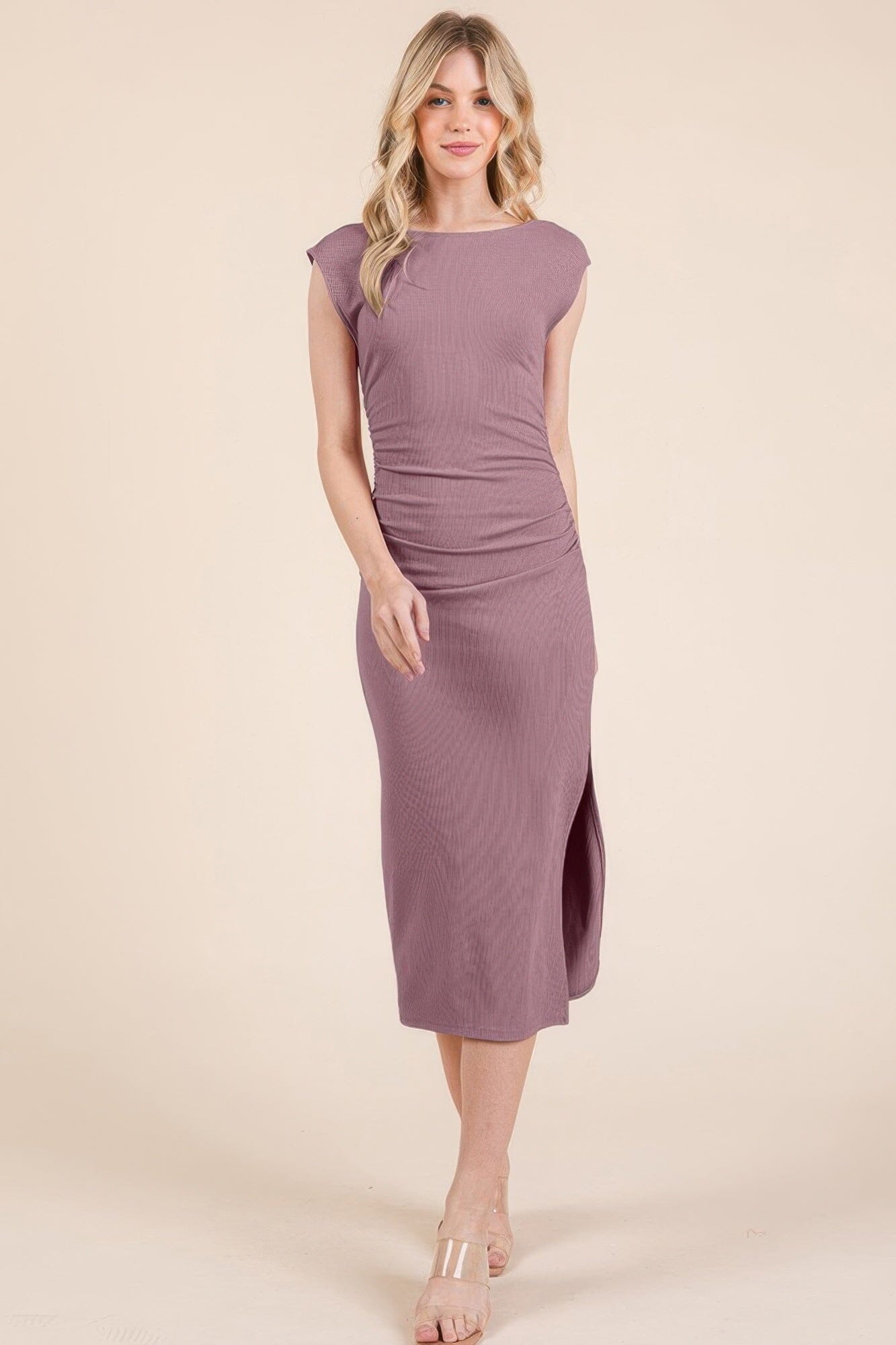Women Cap Sleeve Boatneck Open Back Midi Dress Dresses jehouze Smoke Rose S 