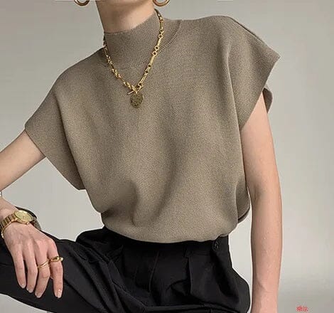 Women Casual Short Sleeve Mock Neck Rib Knit Top Shirts & Tops jehouze 