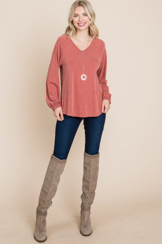 Women Casual V Neck Basic Long Sleeve Top Shirts & Tops jehouze Rust S 