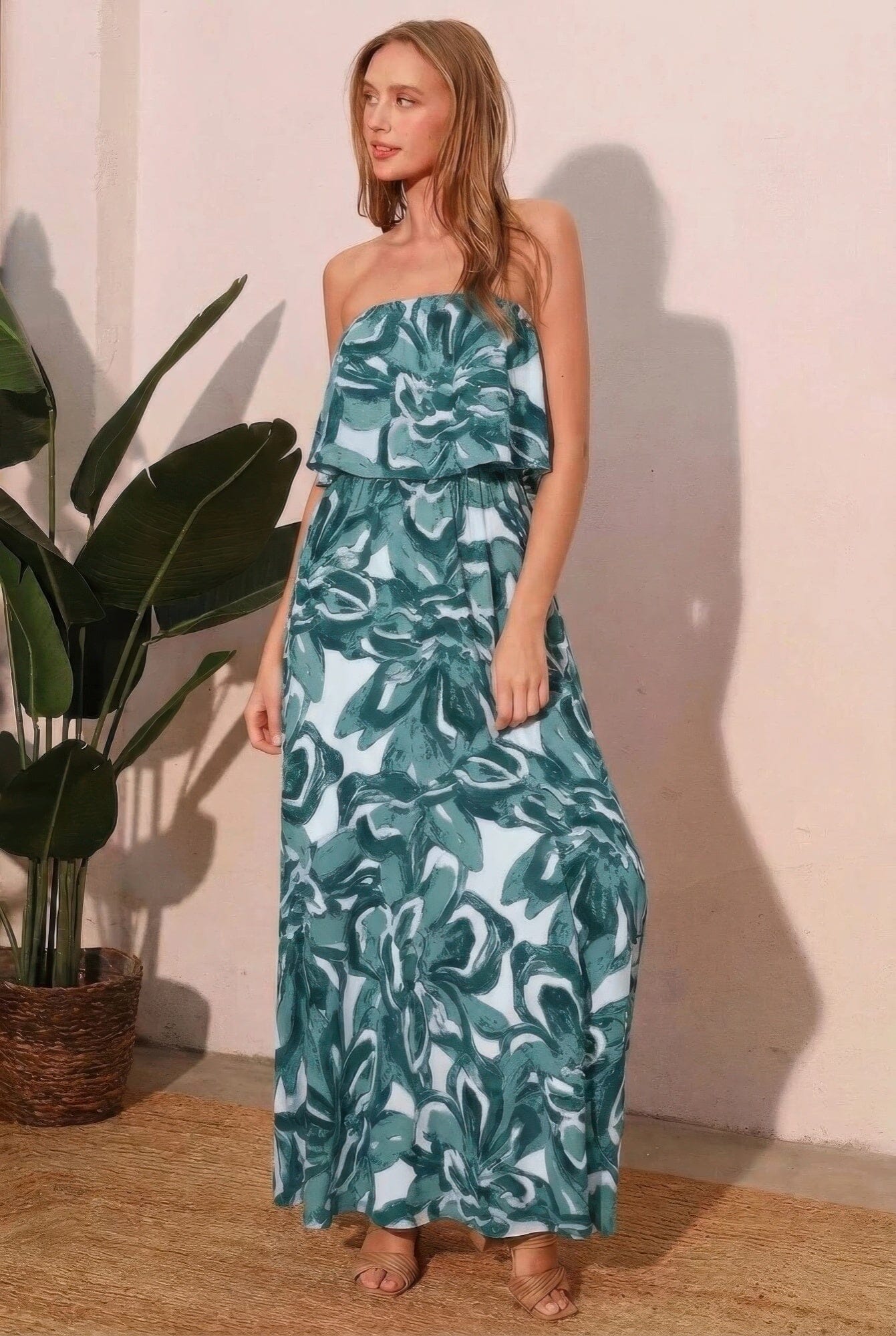 Women Chasing Petals Strapless Maxi Dress Dresses jehouze Teal S 